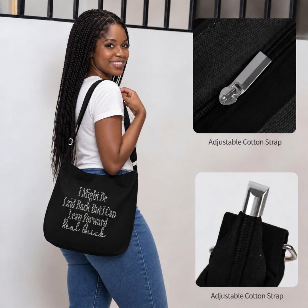 I Might Be Laid Back But I Can Lean Forward Real Quick Rhinestone Tote Bag