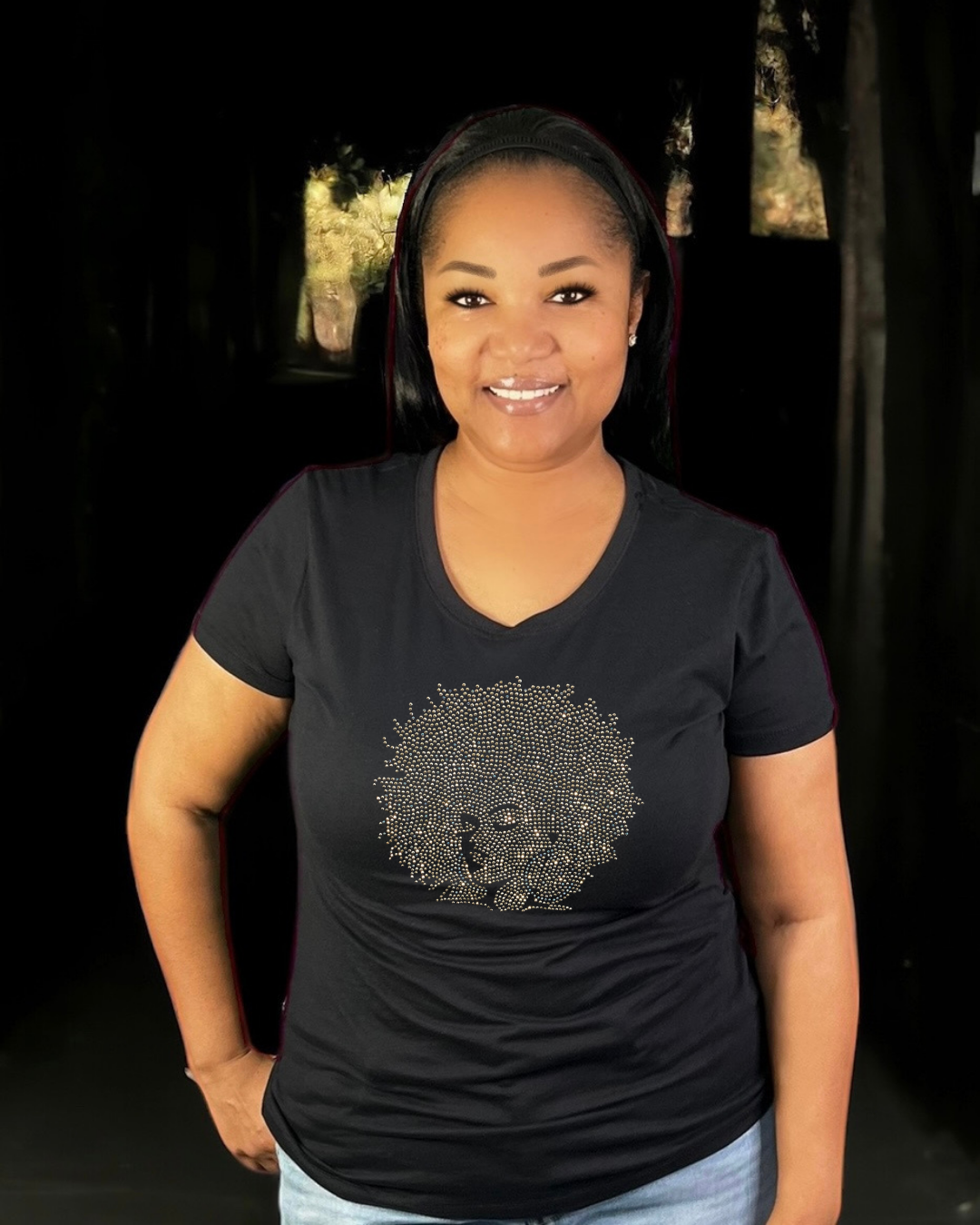 Gold Afro Queen Rhinestone T-Shirt