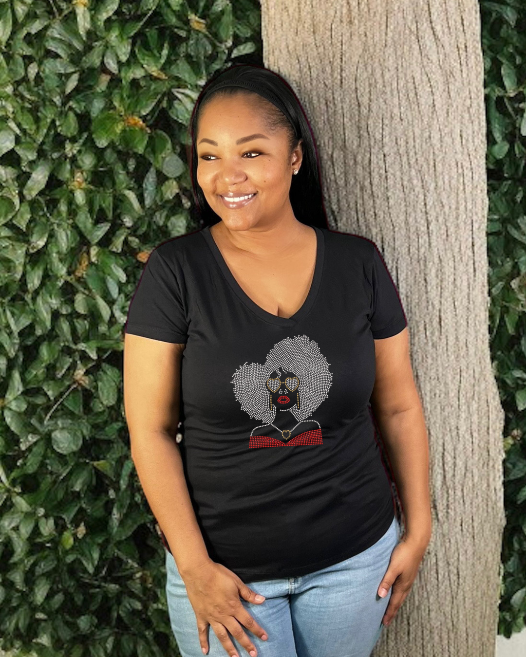 Afro Heart Glasses Rhinestone T-Shirt