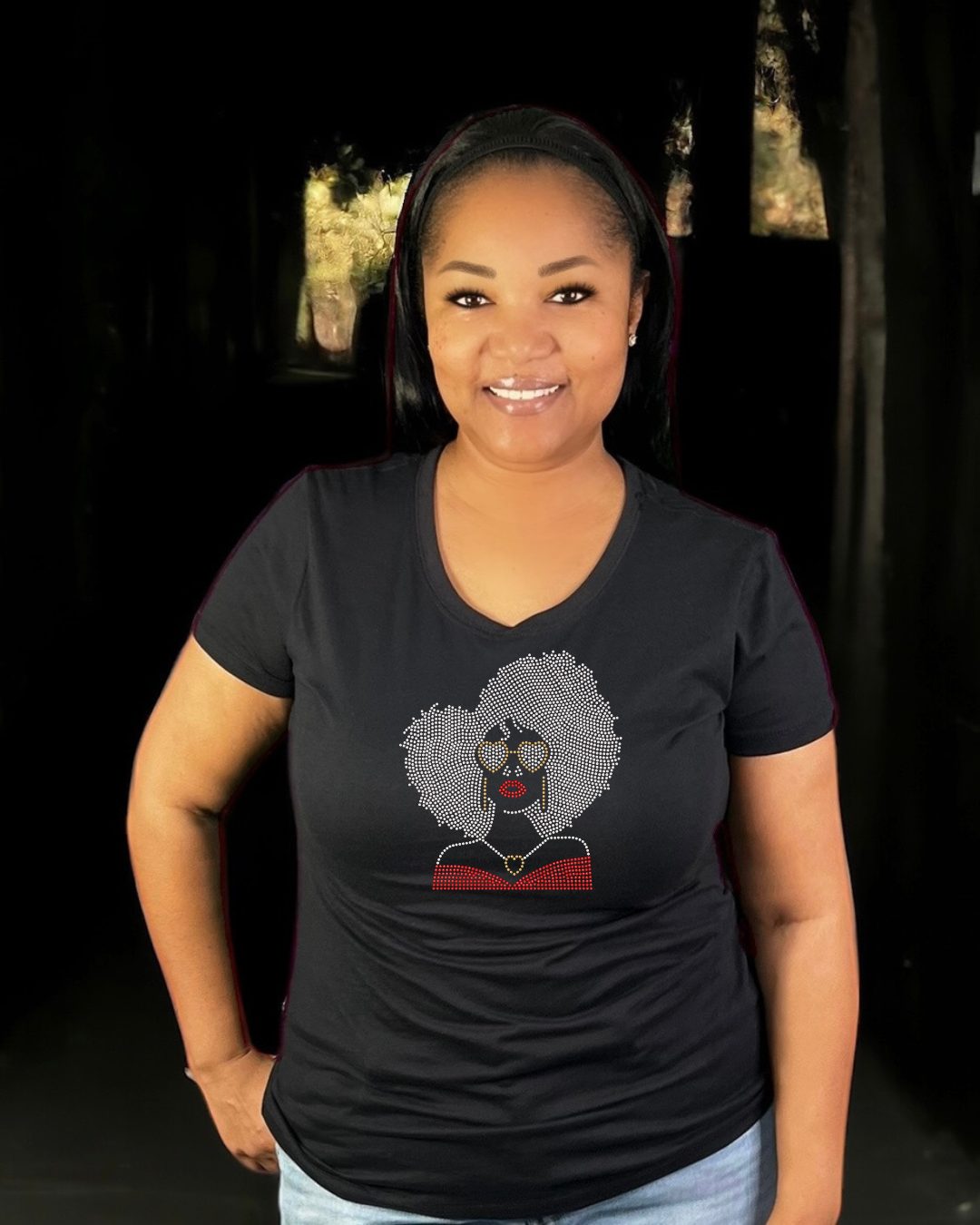 Afro Heart Glasses Rhinestone T-Shirt