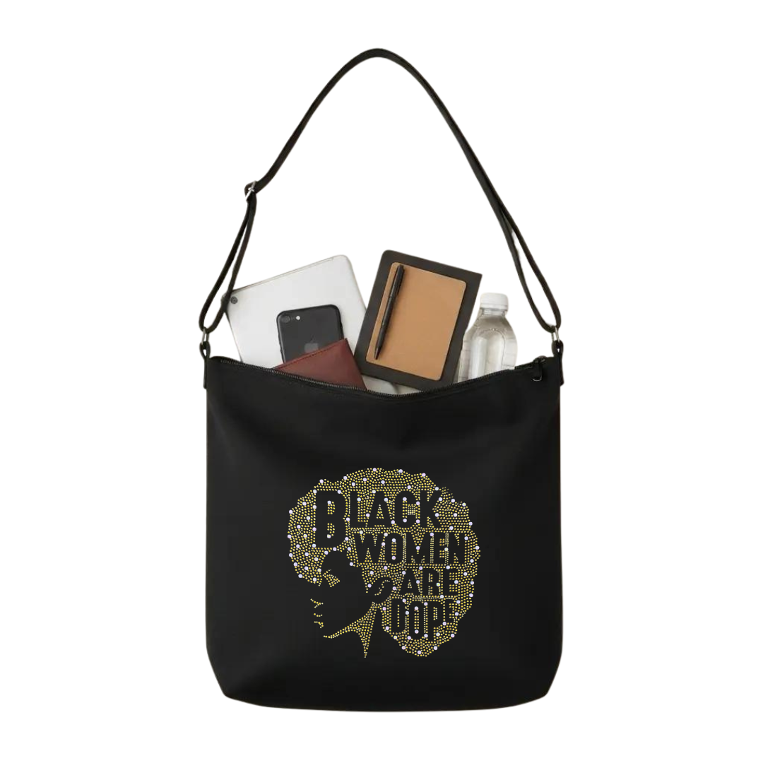 Gold Black Women Are Dope Rhinestone Crossbody Tote Bag