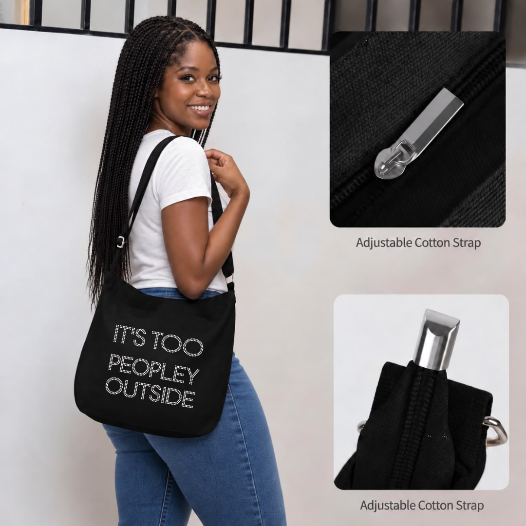 It's Too Peopley Outside Rhinestone Tote Bag