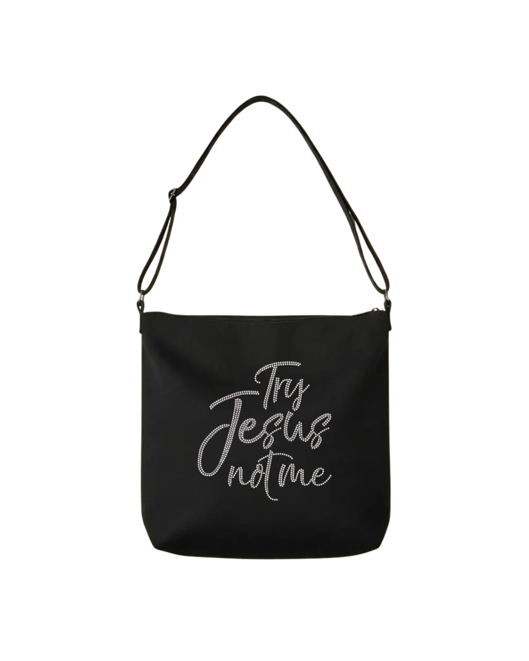 Try Jesus Not Me Rhinestone Tote Bag