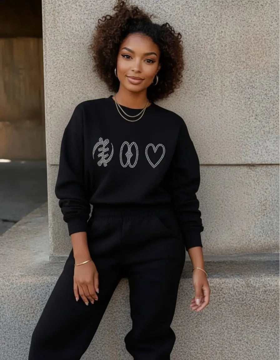 Faith Hope Love Adinkra Symbols Rhinestone Sweatshirt
